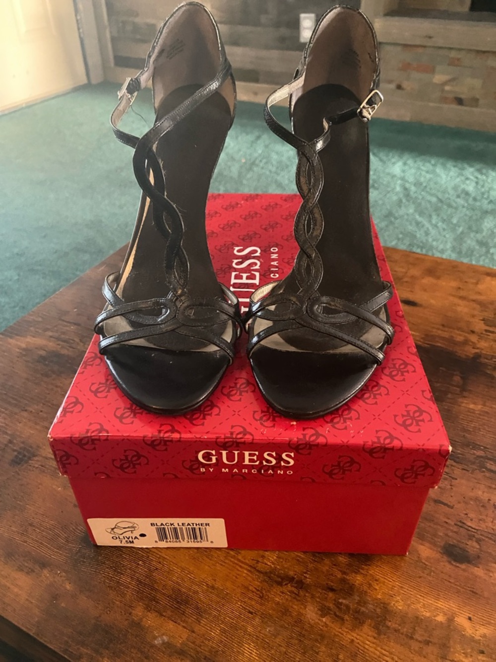 GUESS Black Leather Twisted-Strap High Heel Sandals